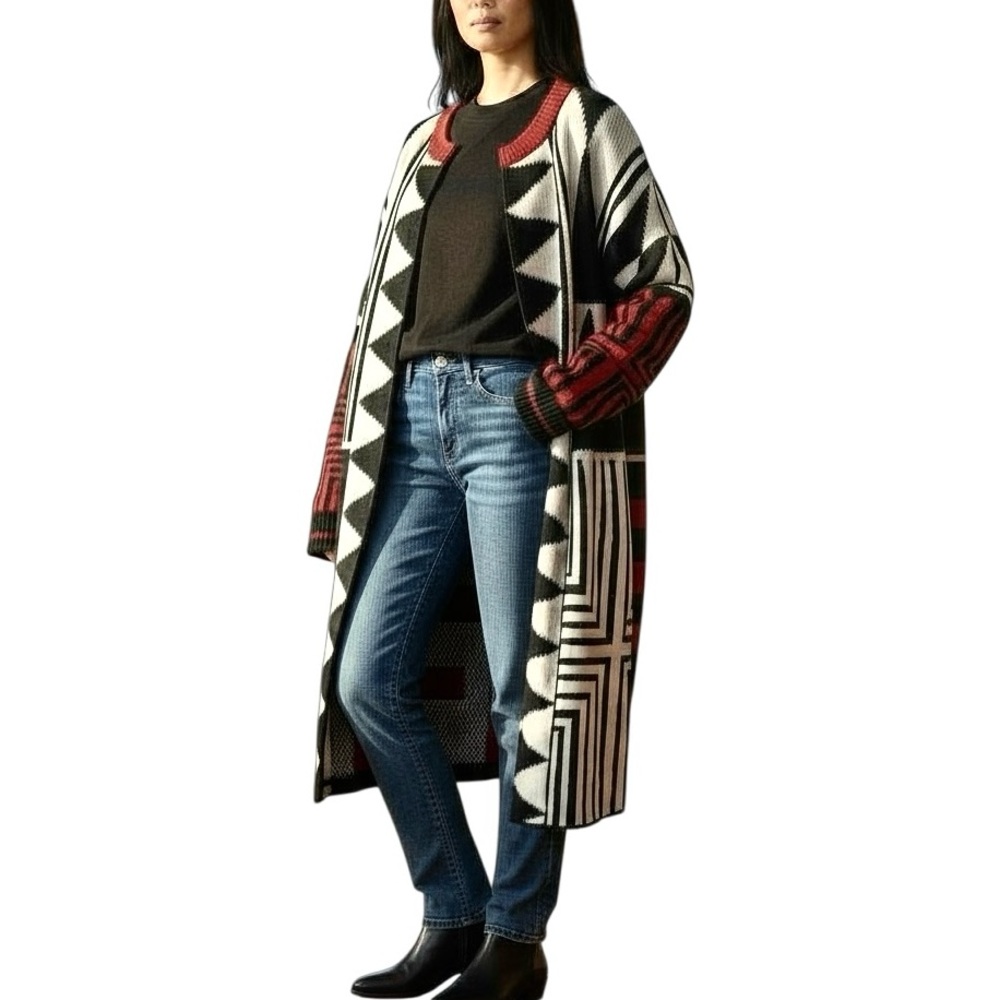 Grace Red, Black, White Geometric Long Line Open Cardigan w/ Pockets - Large
